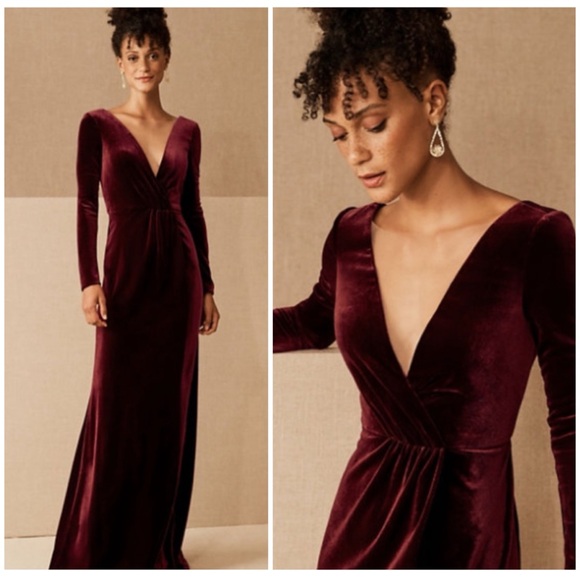 BHLDN Jenny Yoo Ryland Illusion‎ Neck Long Sleeve Velvet Berry Red Maxi Dress 4 - Picture 1 of 13